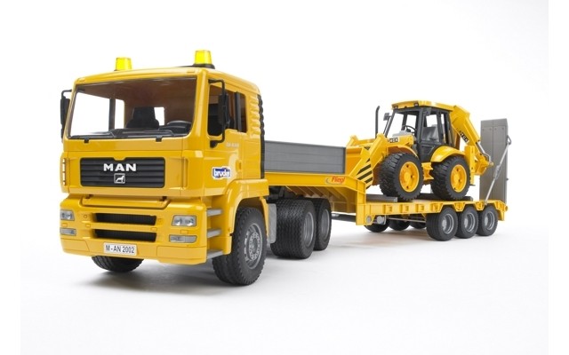 Bruder MAN TGA Low loader truck with JCB 4CX Backhoe loader